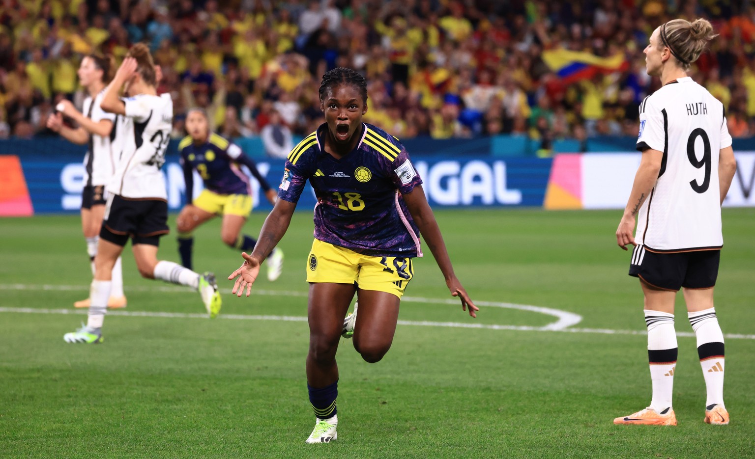 epa10776916 Linda Caicedo of Colombia celebrates after scoring during the FIFA Women&#039;s World Cup 2023 soccer match between Germany and Colombia at Sydney Football Stadium in Sydney, Australia, 30 ...