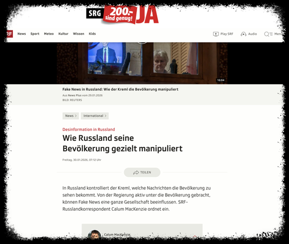 RT DE, russia Today wirft SRF Manipulation der Schweizer Bevölkerung vor