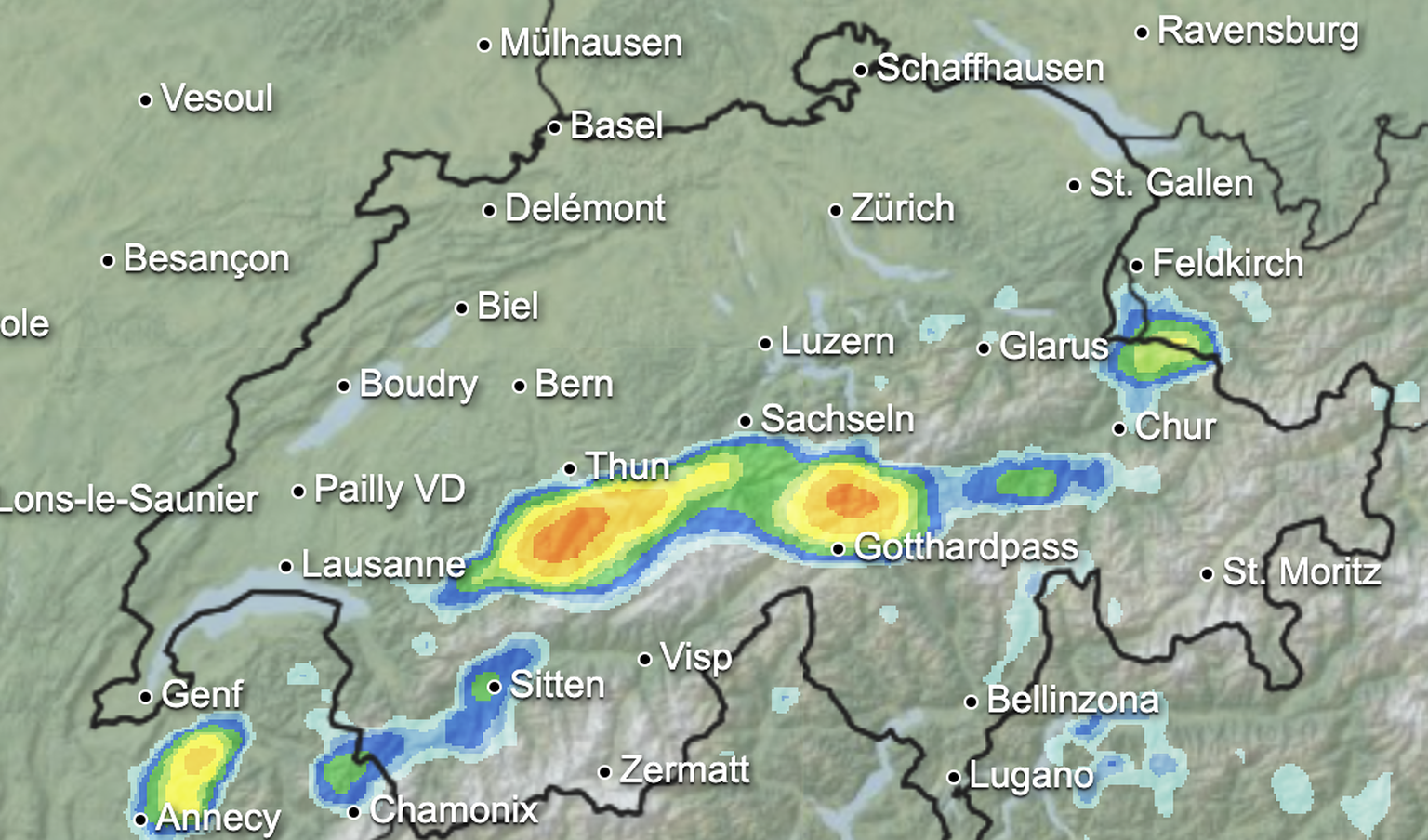 Niederschlagsradar Meteonews für den Montagabend, 24. Juni 2024