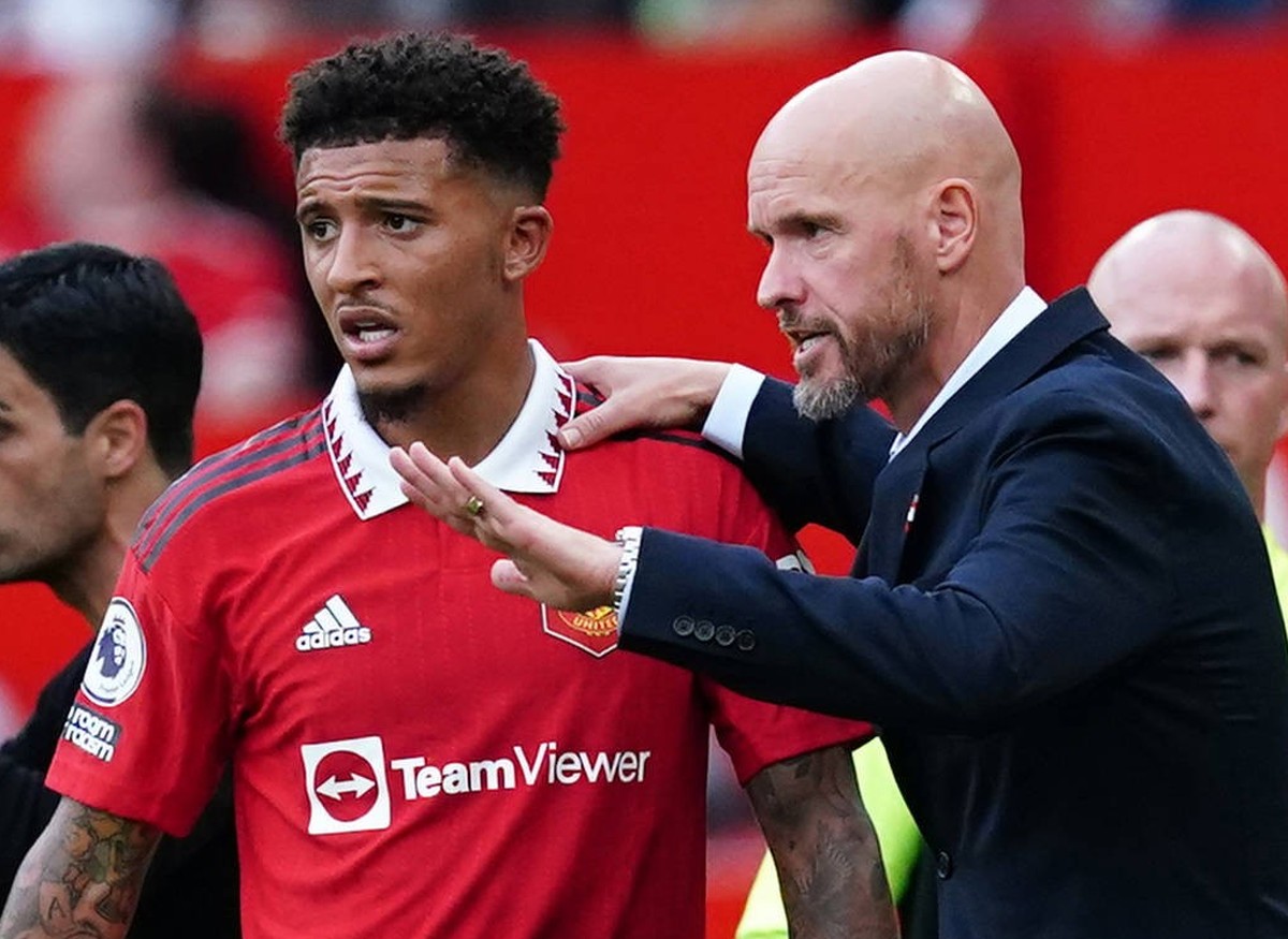 Jadon Sancho File Photo File photo dated 04-09-2022 of Manchester United, ManU manager Erik ten Hag gives instructions to Jadon Sancho left. Erik ten Hag says Jadon Sanchos sensational Champions Leagu ...
