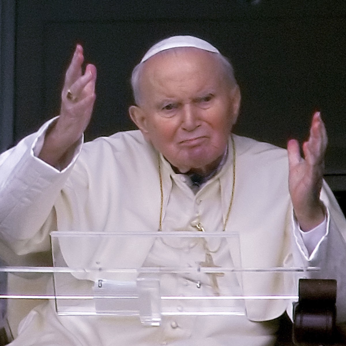 FILE -- Pope John Paul II appears at a window of his rooms of the 10th floor of Rome's Gemelli Polyclinic Hospital, Sunday, March 13, 2005, where he was hospitalized, for the traditional blessing ...