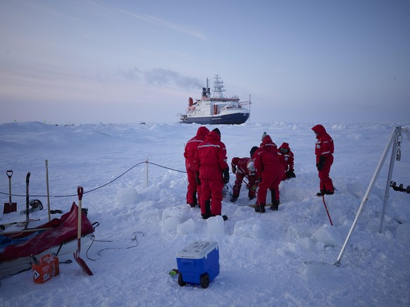 Wissenschaftlerinnen und Wissenschaftler untersuchen den Schnee und das Eis unweit der festgefrorenen «Polarstern».