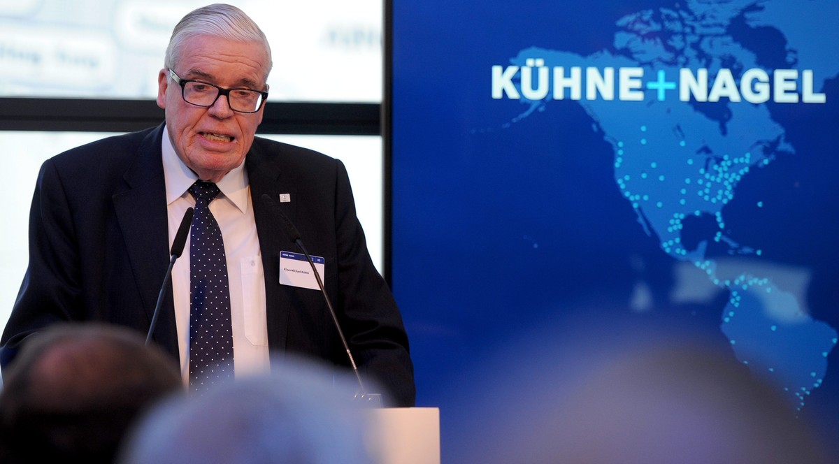 epa04591090 Klaus-Michael Kuehne, majority shareholder of logistics company Kuehne+Nagel and grandchild of the company's founder, delivers a speech during the celebrations for the company's  ...