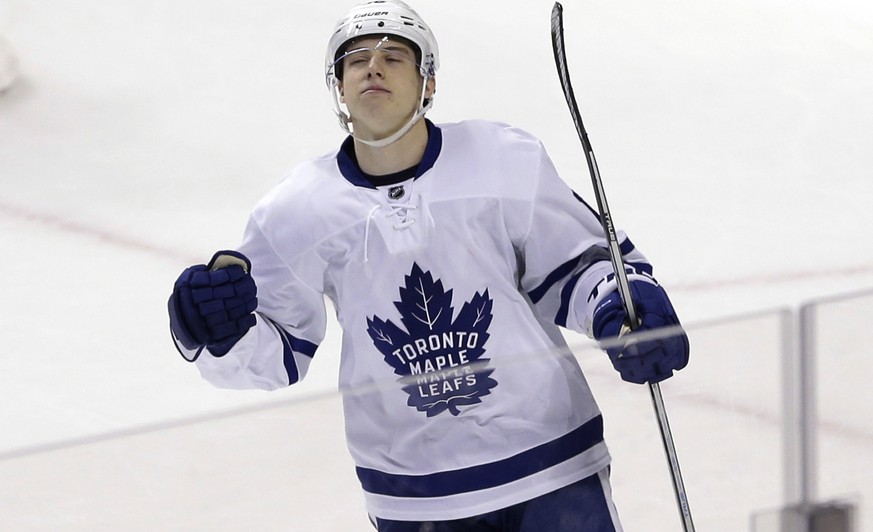 Toronto Maple Leafs center Mitchell Marner reacts after scoring against the Florida Panthers during the shootout in an NHL hockey game, Wednesday, Dec. 28, 2016, in Sunrise, Fla. The Maple Leafs won 3 ...