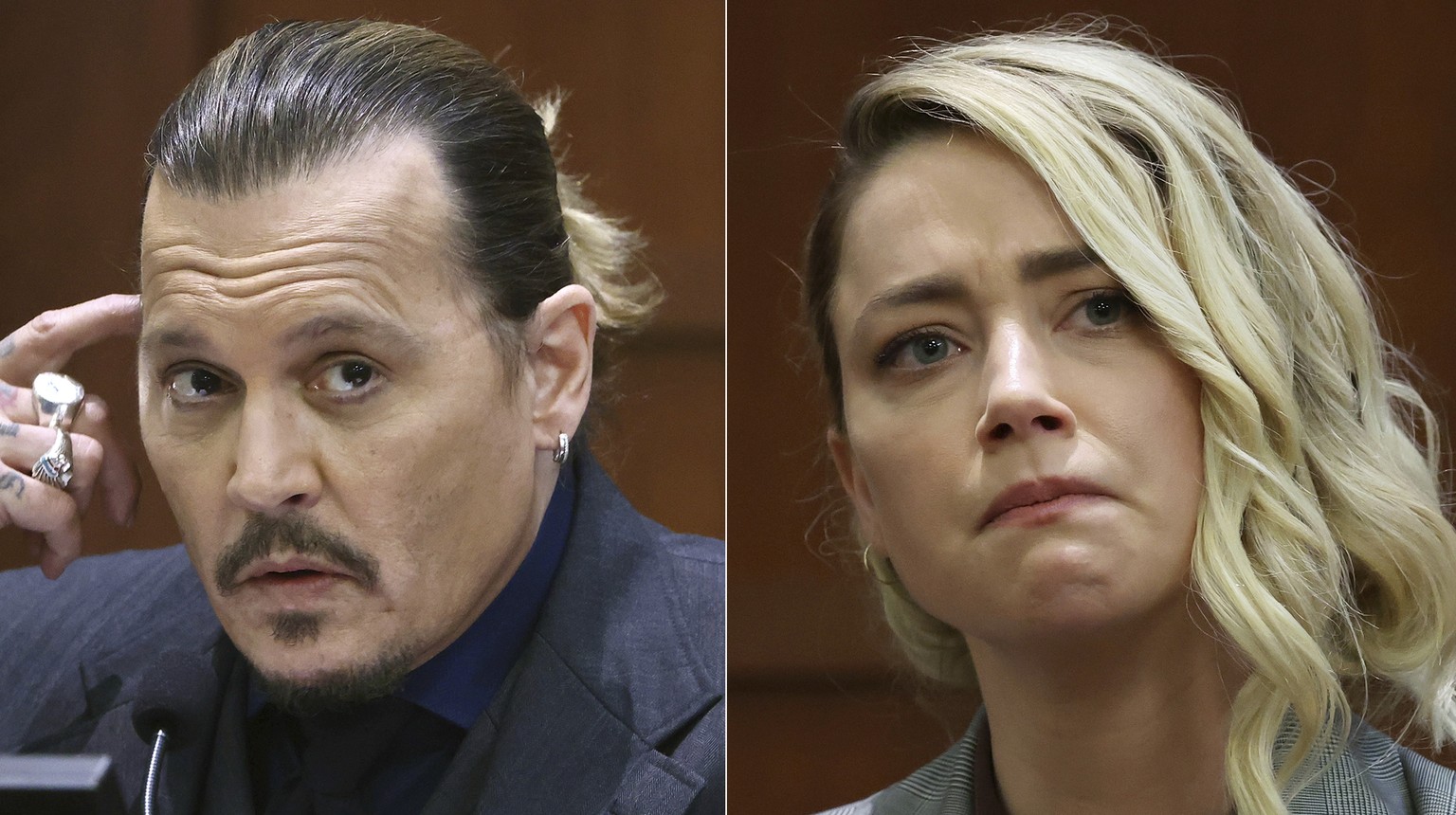 This combination of photos shows actor Johnny Depp testifying at the Fairfax County Circuit Court in Fairfax, Va., on April 21, 2022, left, and actor Amber Heard testifying in the same courtroom on Ma ...