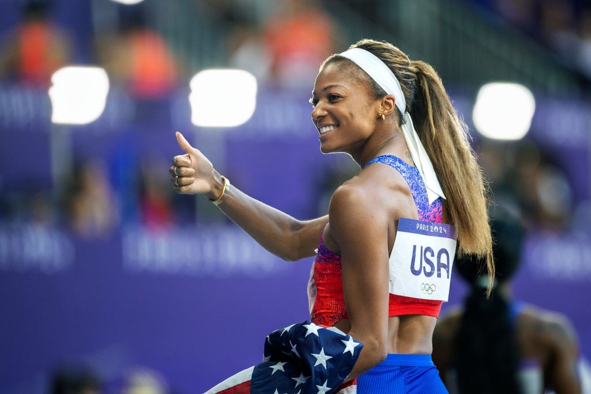 PARIS, FRANCE: AUGUST 09: Gabrielle Thomas of the United States celebrates the team gold medal victory in the Women's 4 x 100m Relay Final during the Athletics Competition at the Stade de France  ...