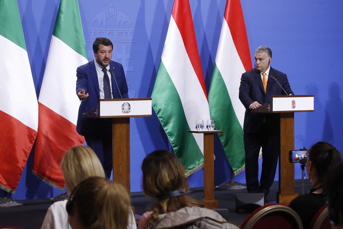 epa07543090 Italian Deputy Prime Minister and Interior Matteo Salvini (L) speaks during a joint press conference with Hungarian Prime Minister Viktor Orban (R) in the PM's office in Budapest, Hun ...