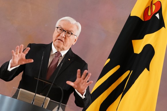 epa09232581 German President Frank-Walter Steinmeier gives a press statement in Berlin, Germany, 28 May 2021. German President Frank-Walter Steinmeier announced he would seek a second term as German P ...