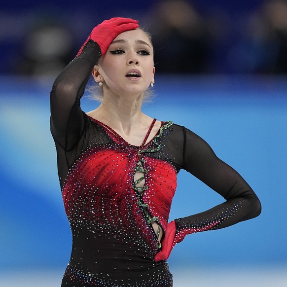 Kamila Valieva, of the Russian Olympic Committee, reacts in the women&#039;s team free skate program during the figure skating competition at the 2022 Winter Olympics, Monday, Feb. 7, 2022, in Beijing ...