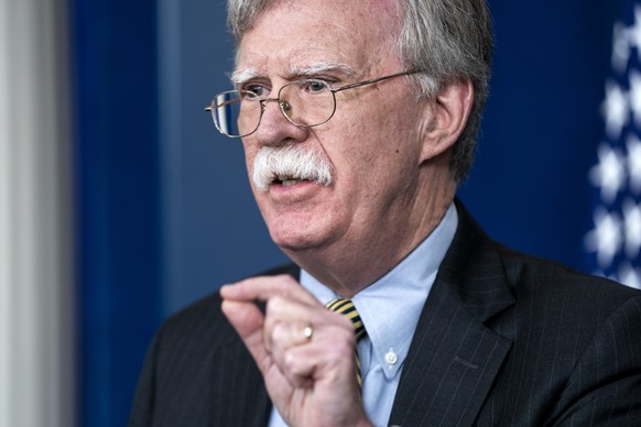 epa07067083 US National Security Adviser John Bolton answers reporter&#039;s questions in the press briefing room of the White House in Washington, DC, USA, 03 October 2018. Bolton spoke about Iran, a ...