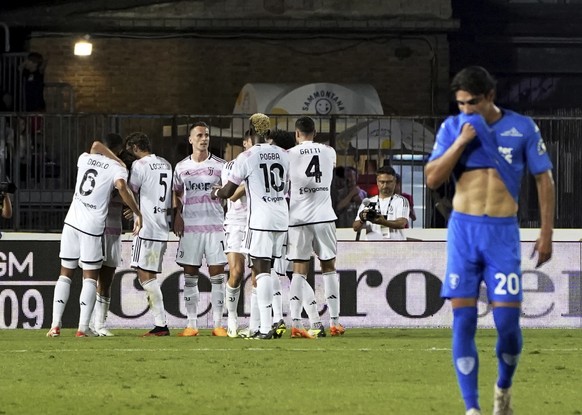 Juventus players celebrations after the goal of Federico Chiesa during the Serie A soccer match between Empoli FC and Juventus FC at the Castellani Stadium, Sunday, Sept. 3, 2023, in Empoli, Italy. (M ...