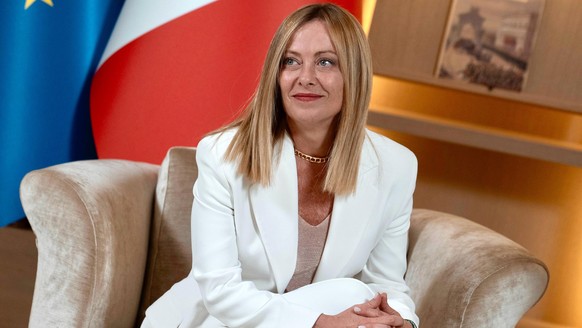 epa12285051 A handout photo made available by Chigi Palace (Palazzo Chigi) Press Office shows Italian Prime Minister Giorgia Meloni during a meeting with Serbian President Aleksandar Vucic (not pictur ...