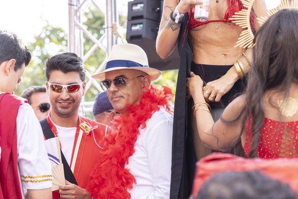 Alain Berset, Federal Councillor and President of the Swiss Confederation, on a Love Mobile, during the 30th Street Parade in the city center of Zurich, Switzerland, Saturday, August 12, 2023. The ann ...