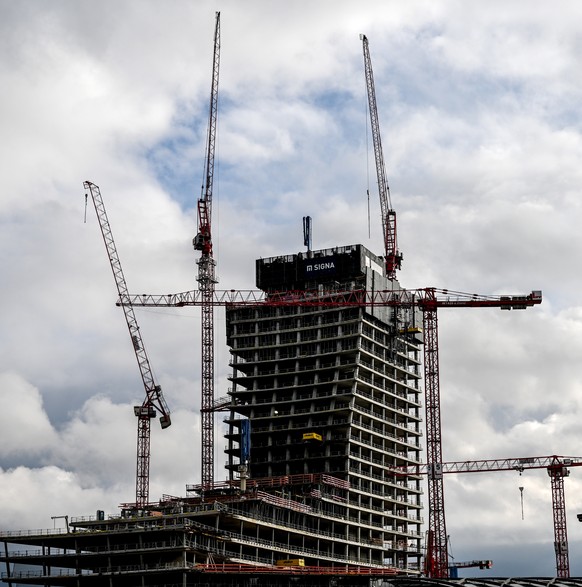 epa10962509 A construction site of the Elbtower in Hamburg, Germany, 07 November Germany 2023. Investor Signa Prime Selection stalled construction of Elbtower due to massive financial problems. The El ...