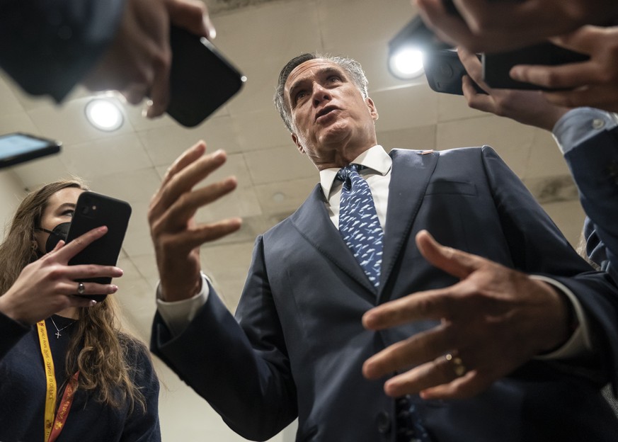 Sen. Mitt Romney, R-Utah, talks to reporters during votes at the Capitol in Washington, Tuesday, Feb. 15, 2022. (AP Photo/J. Scott Applewhite)
Mitt Romney