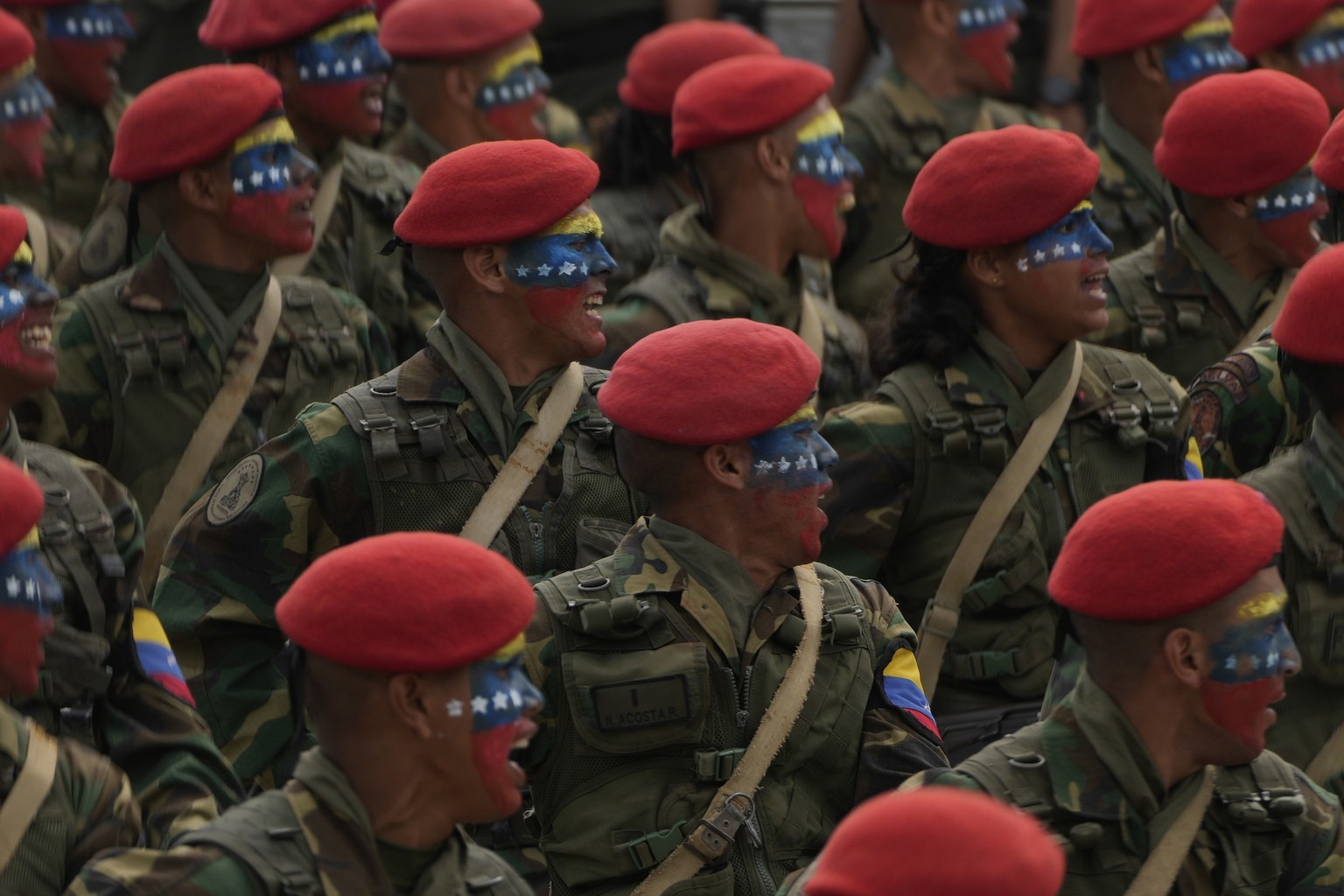 Soldiers march during the Independence Day military parade in Caracas, Venezuela, Wednesday, July 5, 2023. Venezuela is marking 212 years of independence from Spain. (AP Photo/Ariana Cubillos)