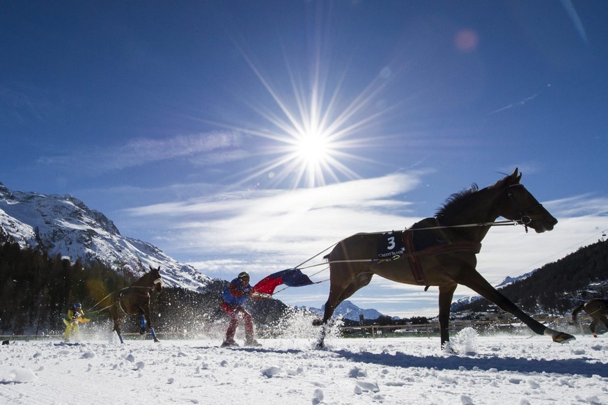 epa05173808 Adrian von Gunten with Mombasa, right, is on his way to win the Grand Prix Credit Suisse, a Skijoering race over 2,700 meters on the third weekend of the White Turf races in St. Moritz, Sw ...