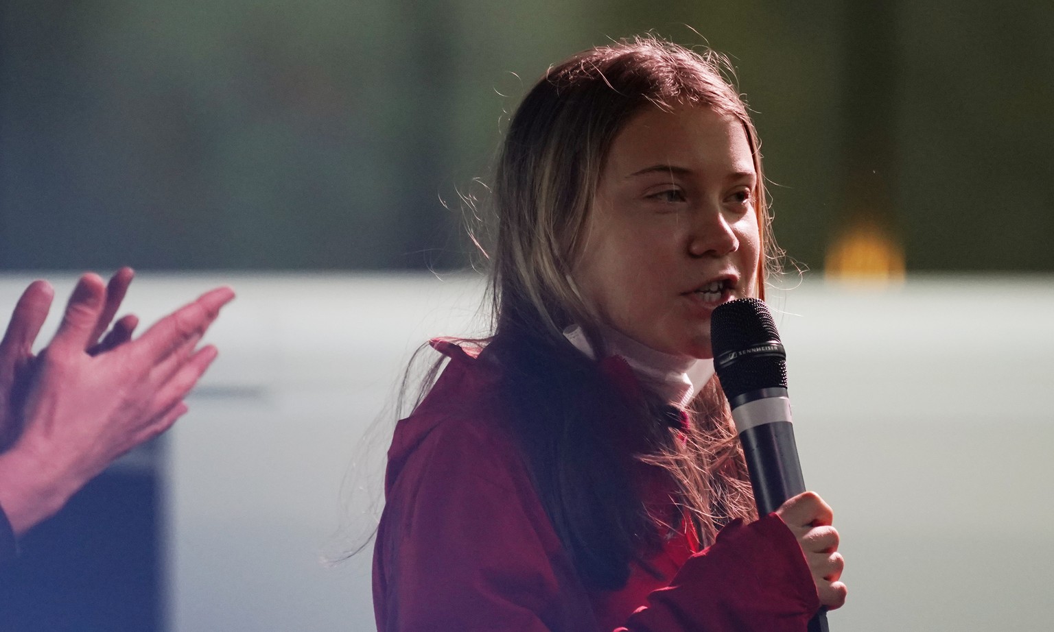 Swedish climate activist Greta Thunberg speaks on the stage of a demonstration in Glasgow, Scotland, Friday, Nov. 5, 2021 which is the host city of the COP26 U.N. Climate Summit. The protest was takin ...