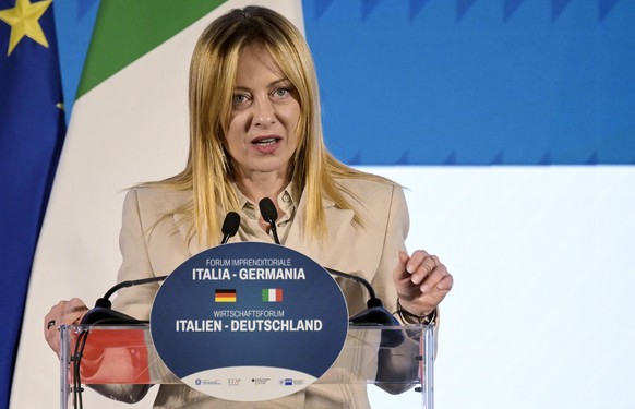 epa12675564 Italian Prime Minister Giorgia Meloni delivers a speech during the Italy-Germany Business Forum in Rome, Italy, 23 January 2026. EPA/RICCARDO ANTIMIANI