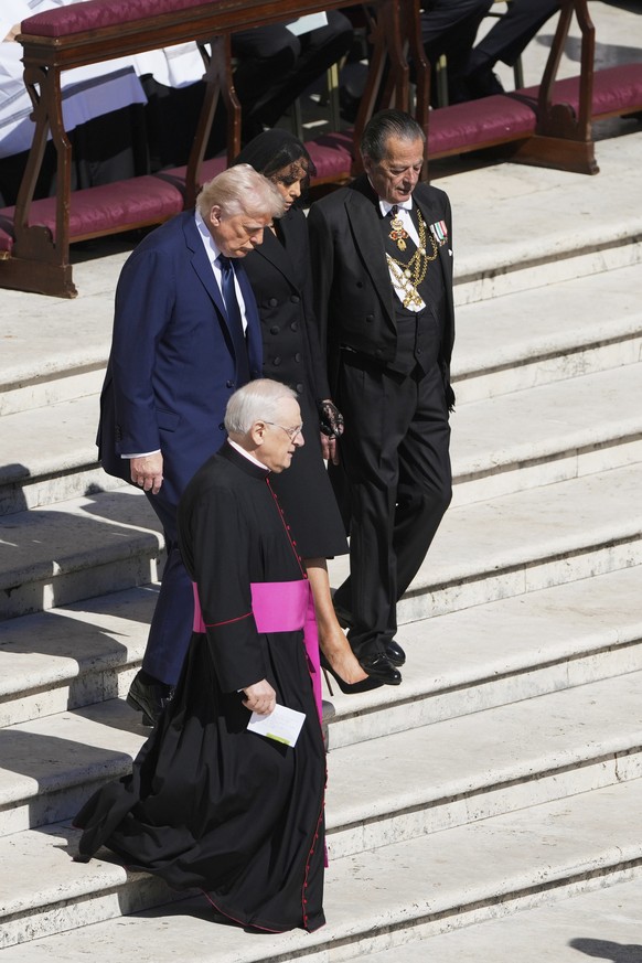 President Donald Trump and first lady Melania Trump arrive for the funeral of Pope Francis in St. Peter's Square at the Vatican, Saturday, April 26, 2025. (AP Photo/Markus Schreiber)
Vatican Pope