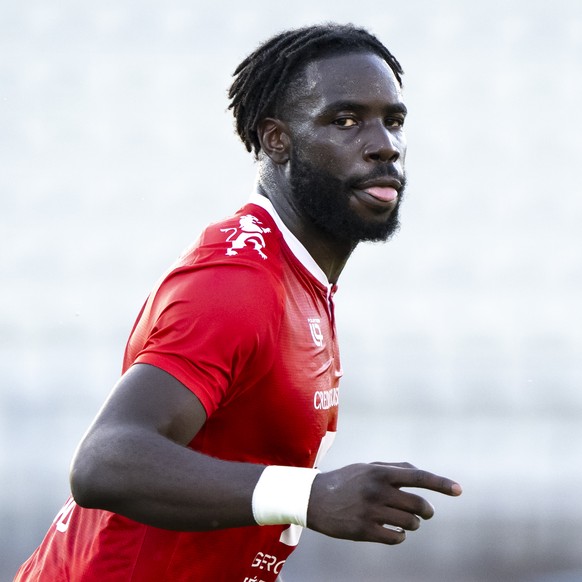 L&#039;attaquant du SLO Florian Danho celebre son goal du 2 a 1 lors de la rencontre de football de Super League entre le FC Stade Lausanne Ouchy, SLO, et le Grasshopper Club Zuerich, GCZ, ce samedi 2 ...