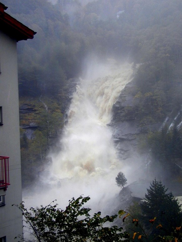 General view of river Zwischbergenbach in the Swiss village of Gondo after heavy rain flooded the village, on Sunday, October 15, 2000. At least three people died in the village of Gondo on the Swiss- ...