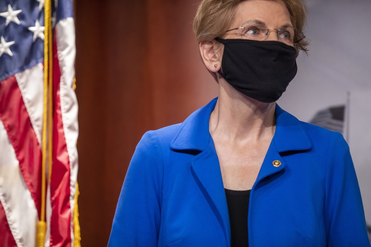 epa08657408 US Democratic Senator from Massachusetts Elizabeth Warren looks on during a press conference in the US Capitol in Washington, DC, USA, 09 September 2020. Senate Minority Leader Chuck Schum ...