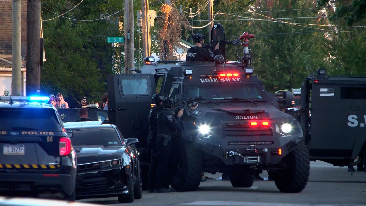 In this image from video provided by WJET, police gather outside the scene of a shooting in Erie, Pa., on Friday evening, Oct. 9, 2026. (Matt Barnum/WJET via AP)
Pennsylvania-Shooting