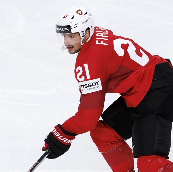 Switzerland&#039;s forward Kevin Fiala controls the puck, during the IIHF 2023 World Championship preliminary round group B game between Switzerland and Slovakia, at the Riga Arena, in Riga, Latvia, T ...