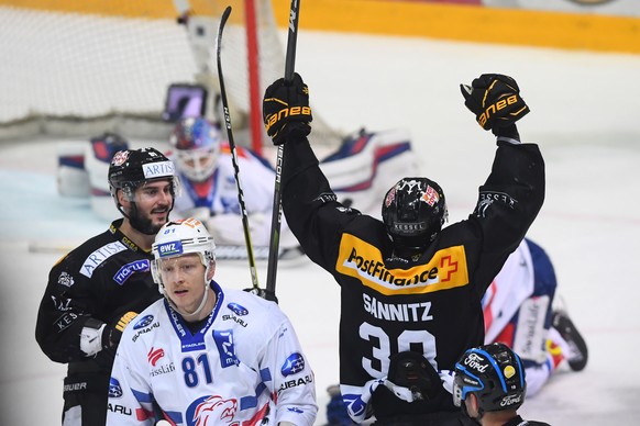 LuganoÕs player Raffaele Sannitz celebrates the 1-0 goal during the third match of the playoff final of the National League of the ice hockey Swiss Championship between the HC Lugano and the ZSC Lions ...