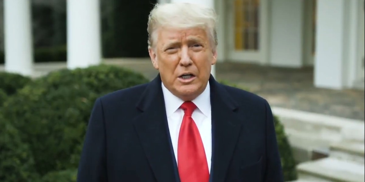 epa08923573 A screen grab from a video message posted by US President Donald J. Trump on Twitter showing US President Donald J. Trump addressing his supporters, after supporters stormed the US Capitol ...
