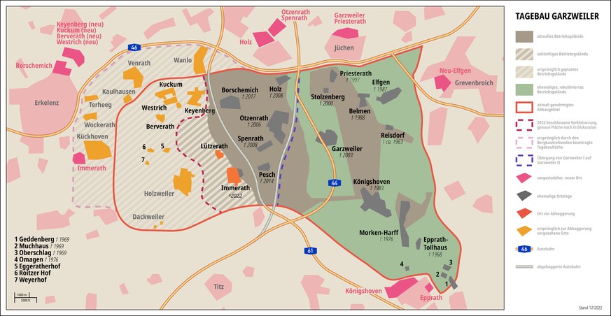 Der Ausbau des Tagebaus Garzweiler im Dezember '22. Auch erkennbar: Mit den Beschlüssen von 2016 und 2022 wurde die geplante Abbaufläche massiv verkleinert.