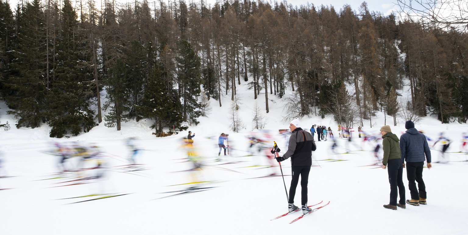 Thousands of sportsmen and -women are on their way from Maloya to S-Chanf as they participate in the 51. annual Engadin skiing marathon, on Sunday, March 10, 2019, in Sils im Engadin, Switzerland. (KE ...