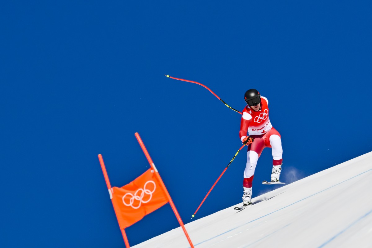 Matthias Mayer of Austria competes in men's downhill training at the at the 2022 Olympic Winter Games in Yanqing, China, on Saturday, February 5, 2022. (KEYSTONE/Jean-Christophe Bott)
