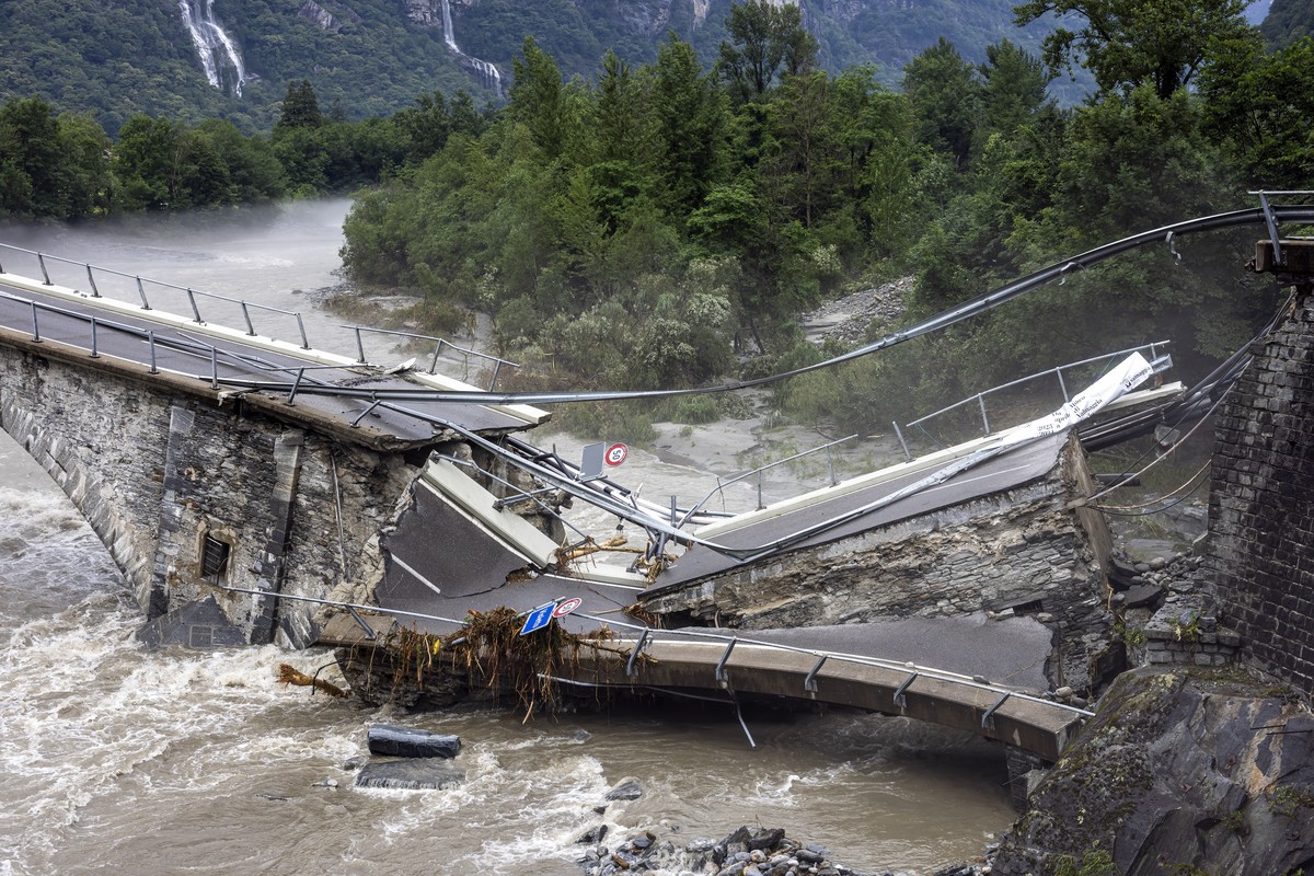 The collapsed Visletto bridge between Visletto and Cevio, in the Maggia Valley, southern Switzerland on Sunday June 30, 2024. The storm in the night from Saturday to Sunday destroyed various traffic r ...