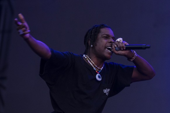 epa09837194 Rapper ASAP Rocky performs during the Lollapalooza 2022 festival at the Cerrillos Bicentennial Park in Santiago, Chile, 19 March 2022. Thousands of young people, fans of music and the fest ...