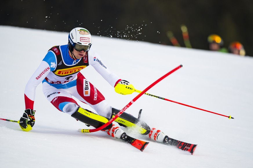 Ramon Zenhaeusern of Switzerland in action during the first run of the men Slalom race at the 2019 FIS Alpine Skiing World Championships in Are, Sweden Sunday, February 17, 2019. (KEYSTONE/Jean-Christ ...