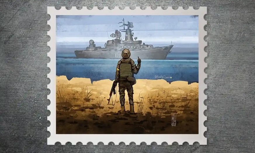 Ukrainische Briefmarke mit dem (übersetzten) Titel «Russisches Kriegsschiff, fick dich selbst!» Die Illustration des Künstlers Boris Groh erhielt bei einem Wettbewerb der ukrainischen Post die meisten ...