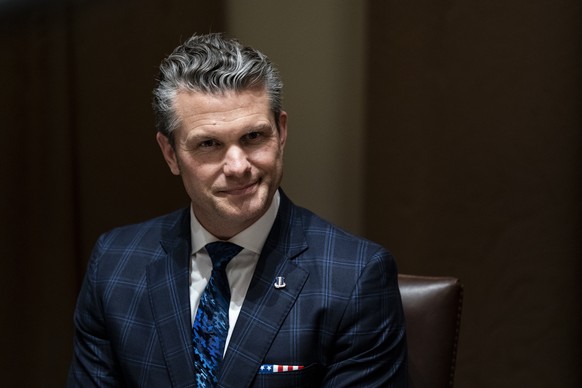 epa12052207 Pete Hegseth, US secretary of defense, during a lunch with US President Donald Trump and Norway&#039;s prime minister Jonas Gahr Store (not pictured), in the cabinet room of the White Hous ...