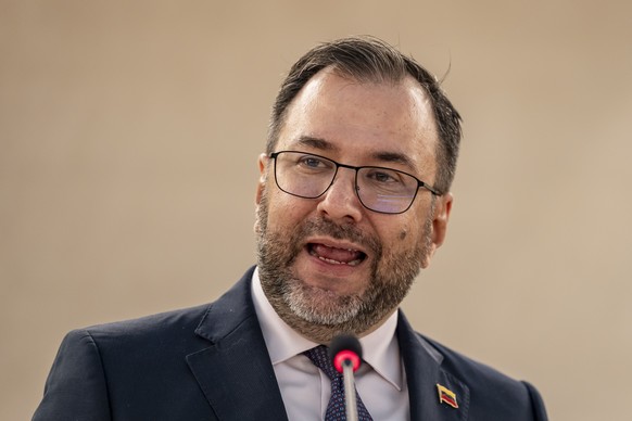 epa11921745 Venezuelan Foreign Affairs Minister Yvan Gil Pinto delivers a statement during a High-Level Segment of the 58th session of the Human Rights Council at the European headquarters of the Unit ...