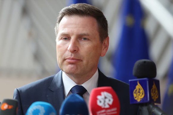 epa12948947 Estonian Defense Minister Hanno Pevkur speaks to the media upon arrival for a Foreign Affairs Council in its defence configuration, Brussels, Belgium, 12 May 2026. The Council will discuss ...