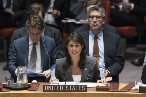 U.S. Ambassador to the United Nations Nikki Haley speaks during a Security Council meeting on the situation between the Israelis and the Palestinians, Friday, June 1, 2018 at United Nations headquarte ...