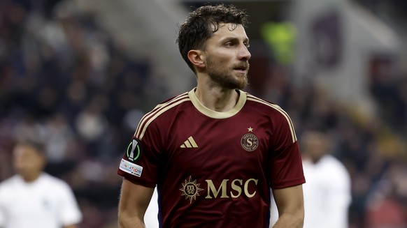Servette&#039;s midfielder Miroslav Stevanovic reacts, during the UEFA Conference League Play Off 1st leg soccer match between Switzerland&#039;s Servette FC and Bulgaria&#039;s PFC Ludogorets Razgrad ...