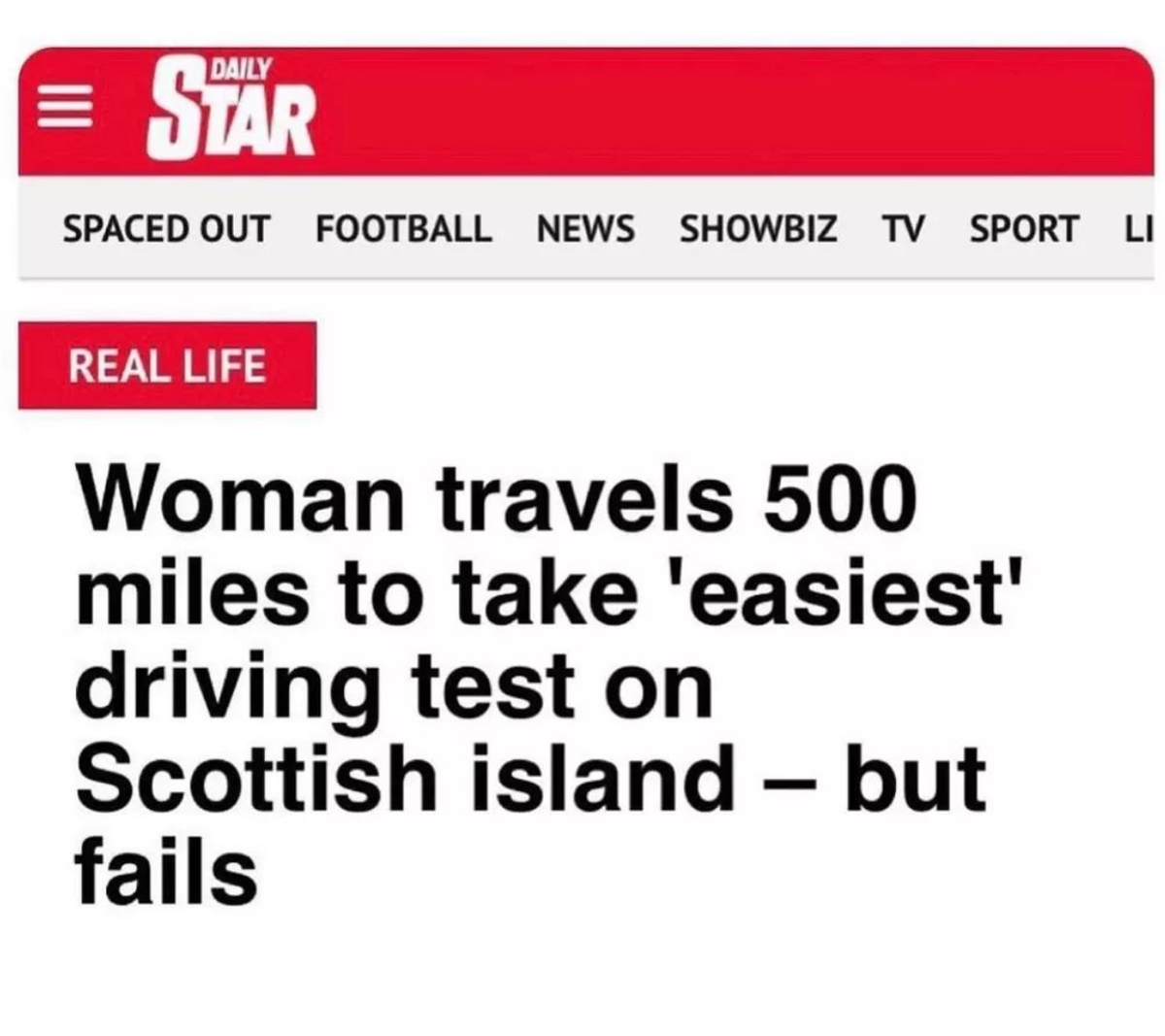Lustige Schlagzeile, von Frau, die die Autoprüfung in Schottland machen will