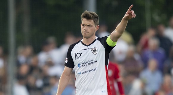 Marco Thaler (FCA) im Super League und Challenge League Barrage Rueckspiel zwischen dem FC Aarau und dem Grasshopper Club Zuerich, am Freitag 30. Mai 2025 im Stadion Bruegglifeld in Aarau. (KEYSTONE/T ...