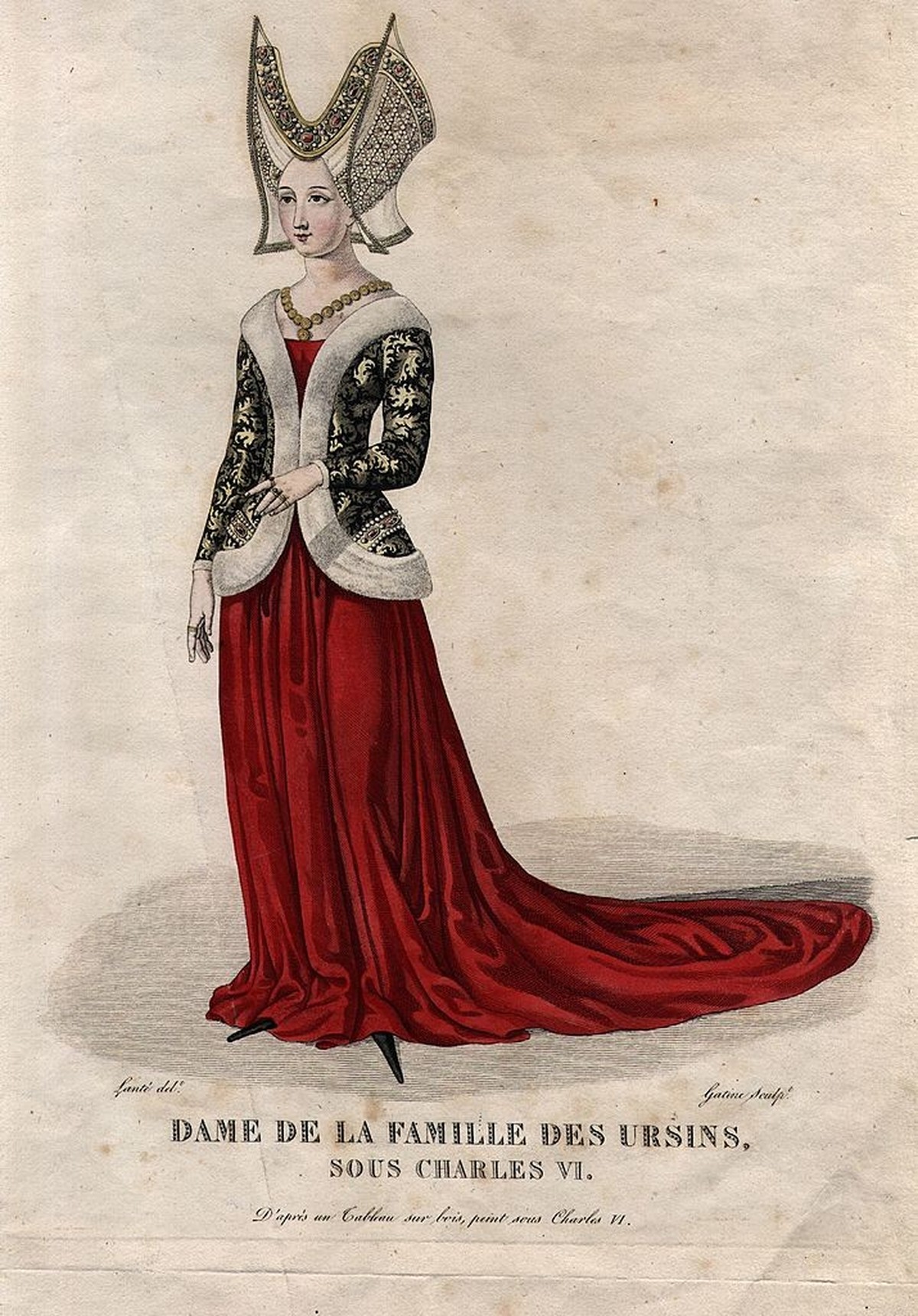 A woman of the Ursin family during the reign of King Charles VI, circa 1420. She is wearing a rich brocade, fur-trimmed jacket over a red woollen dress, and a large headdress. (Photo by Hulton Archive ...