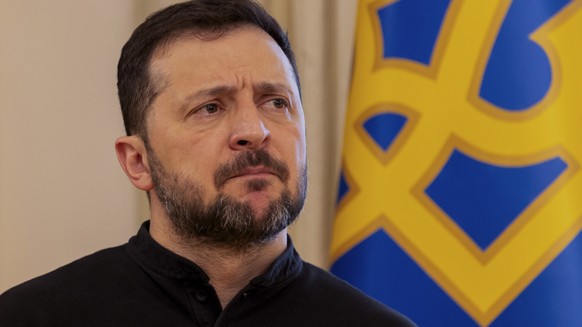 Ukraine&#039;s President Volodymyr Zelenskyy gives a press conference in Kyiv, Ukraine, Wednesday, Feb. 19, 2025. (Tetiana Dzhafarova, Pool Photo via AP)
