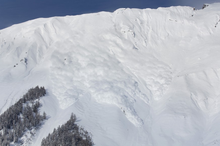 Eine Lawine geht zu Tal, anlaesslich einer Lawinensprengung zu Testzwecken, durchgefuehrt von Lawinenforschern des Eidg. Institut fuer Schnee- und Lawinenforschung SLF, im Testgelaende im Mittelwallis ...