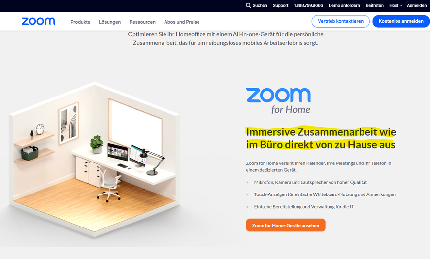 Zoom wirbt auf seiner Webseite damit, dass die Videokonferenz-Software «Zusammenarbeit wie im Büro» ermögliche.