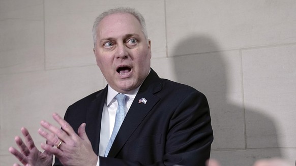 Majority Leader Steve Scalise, R-La., speaks after a closed-door meeting of House Republicans during which he was chosen as candidate for Speaker of the House on Capitol Hill, Wednesday, Oct. 11, 2023 ...